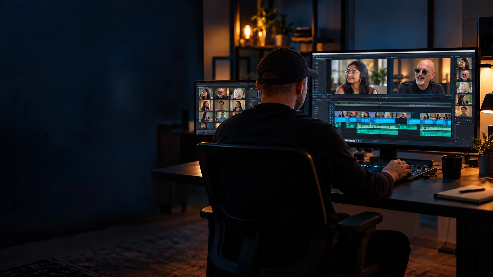 Illustrative edit-suite scene: an editor shapes an interview sequence on a multi-track timeline
