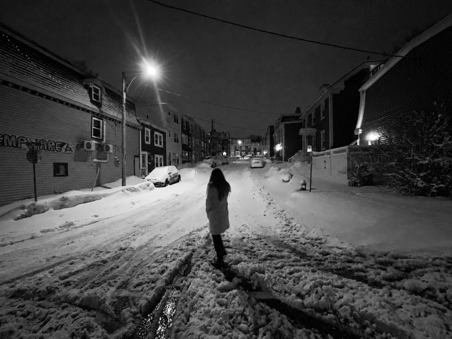 A bride stands in the middle of a snowy street on Bell Island, Newfoundland