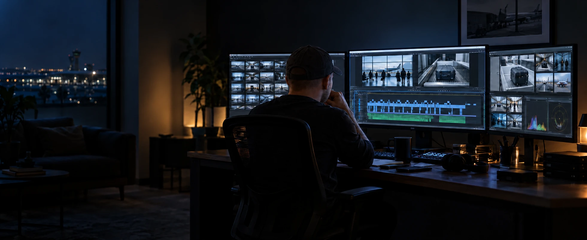 Illustrative image of a silhouetted editor working with documentary footage on multiple screens
