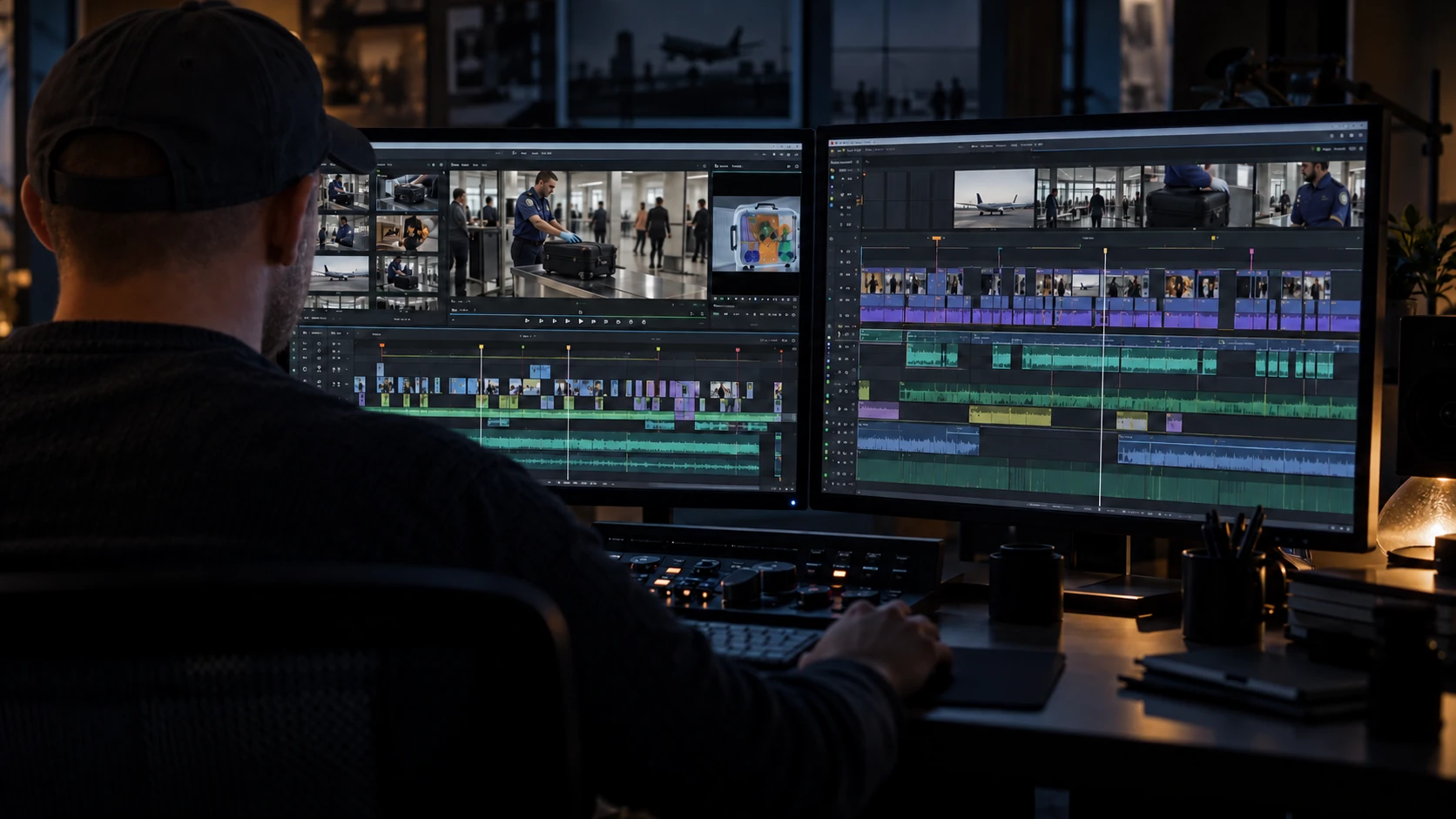 Illustrative rear view of a bald editor in a dark ball cap working on a television timeline