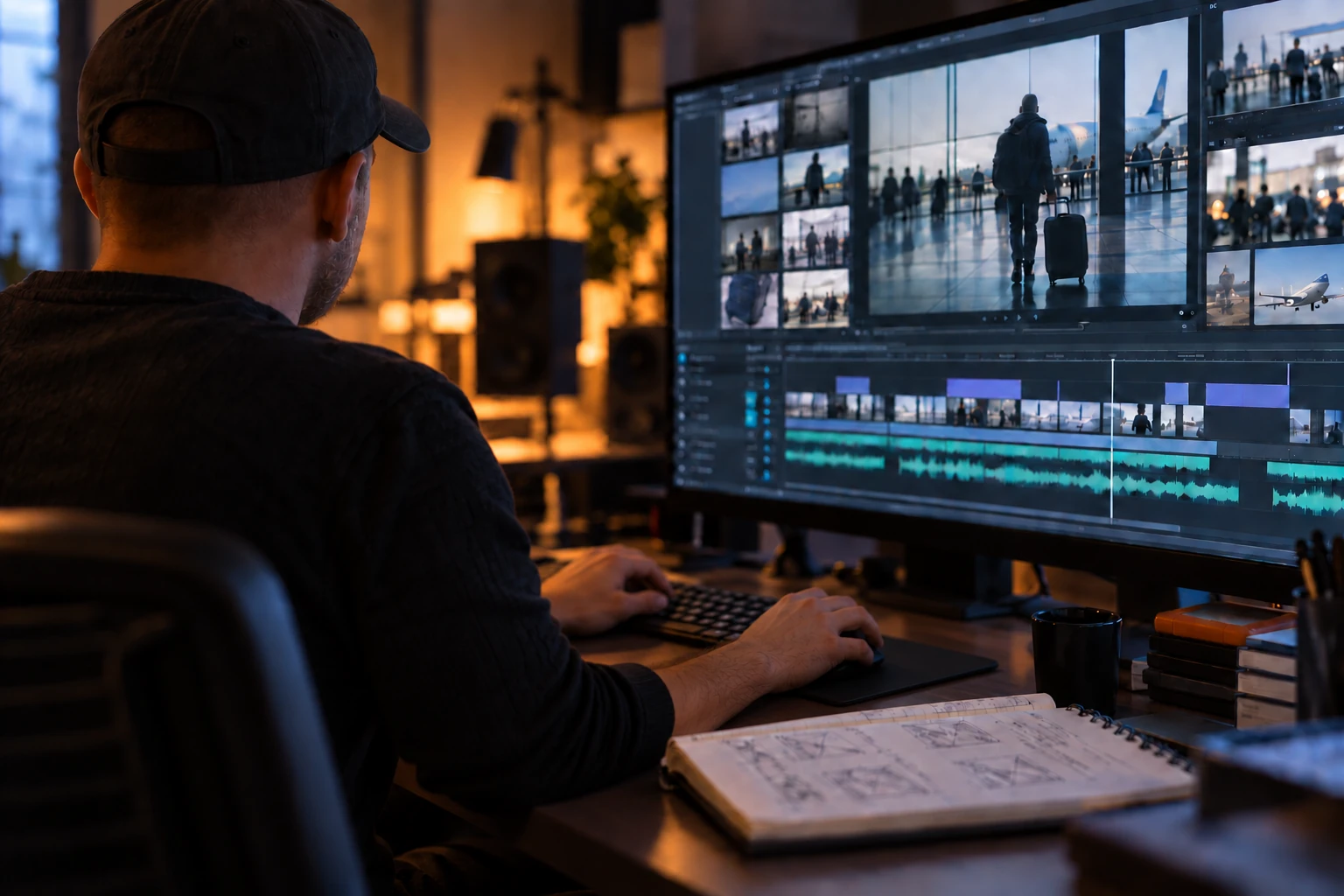 Illustrative rear view of an editor in a ball cap, left hand on keyboard and right hand on mouse
