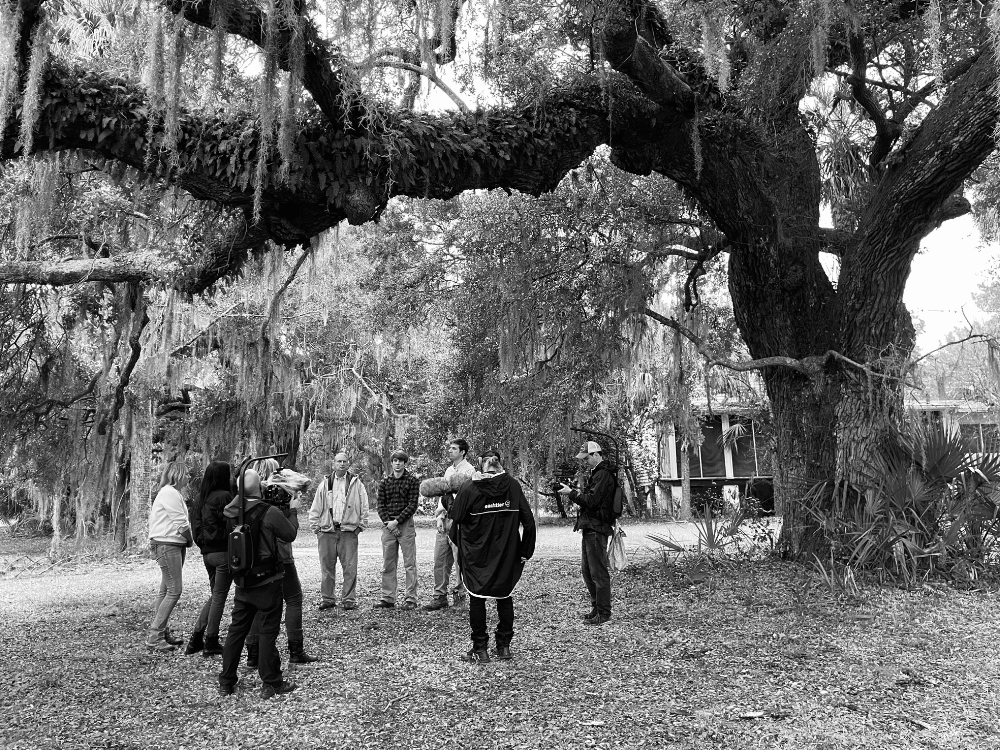 The production crew gathers beneath a large tree in Charleston, South Carolina