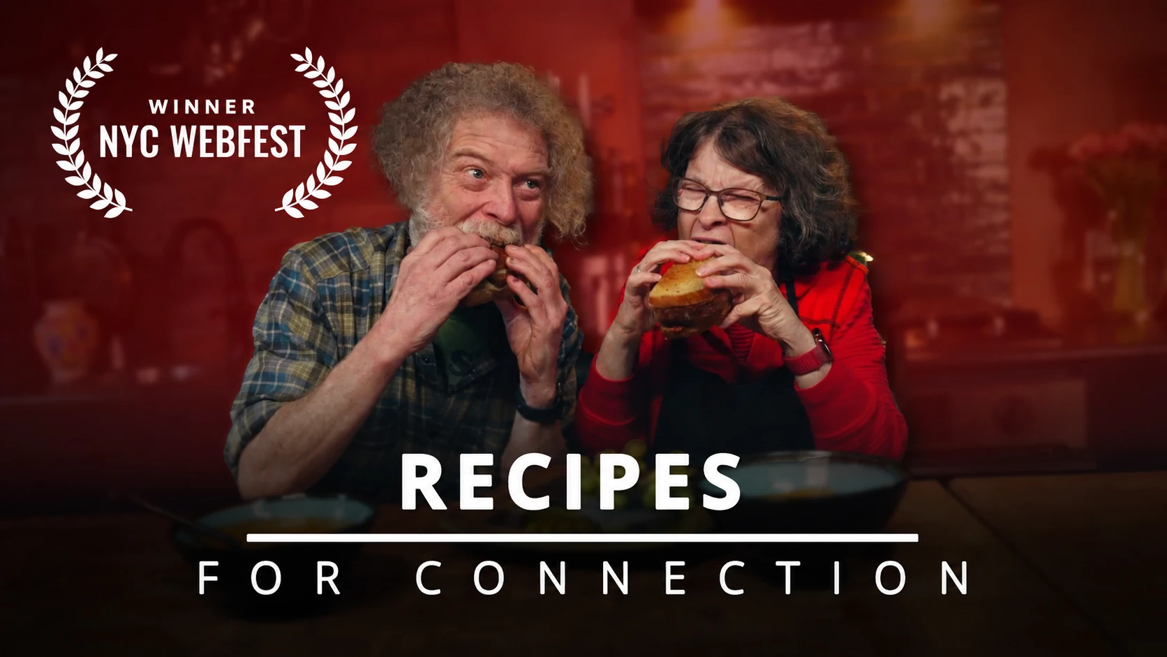 Recipes for Connection thumbnail with two participants sharing grilled cheese and NYC WebFest winner laurels