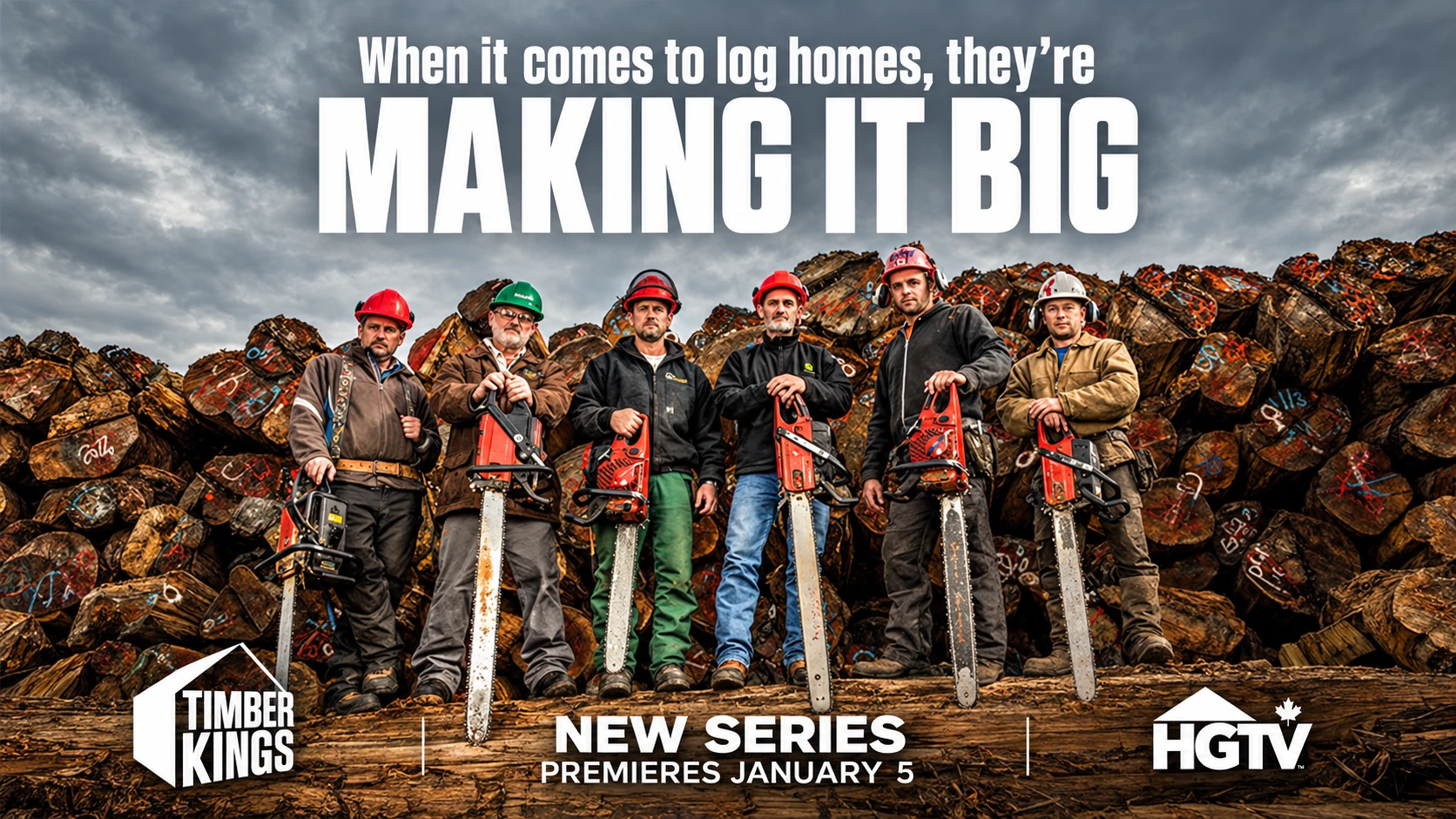 Timber Kings promotional artwork with six builders standing in front of stacked logs